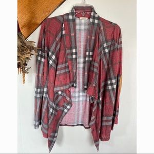 Red Plaid Flannel Cardigan Flowy w/ Elbow Patches - Medium